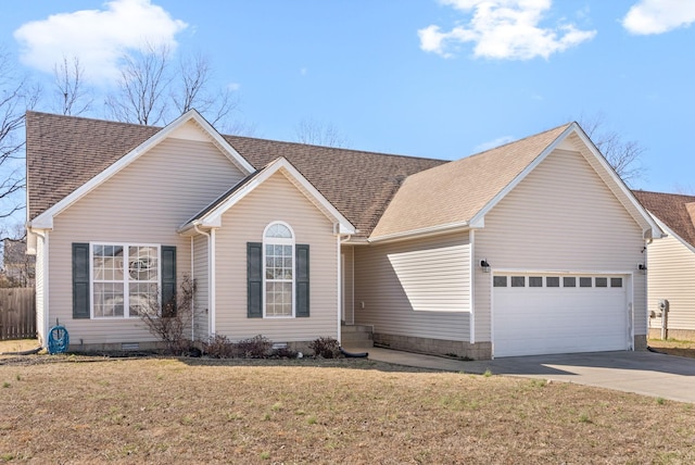 single story home with driveway, a garage, a shingled roof, crawl space, and a front yard