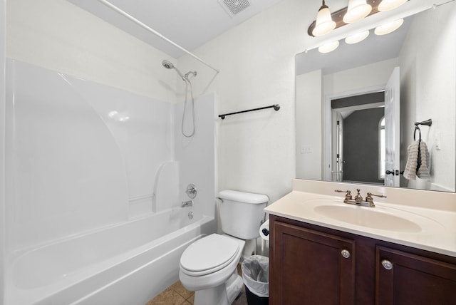 full bath featuring toilet, vanity, visible vents,  shower combination, and tile patterned floors