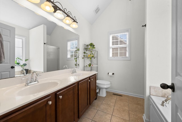 full bathroom featuring vaulted ceiling, a stall shower, a sink, and visible vents