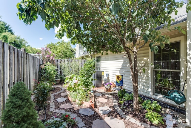 view of yard featuring a garden, a fenced backyard, and central AC unit