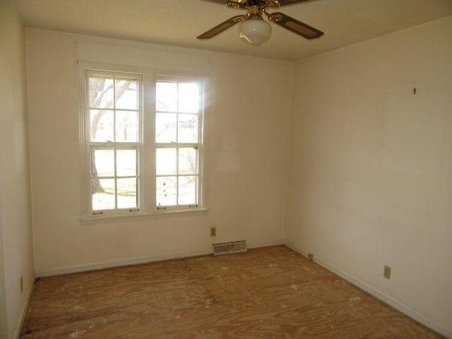 spare room with ceiling fan and visible vents