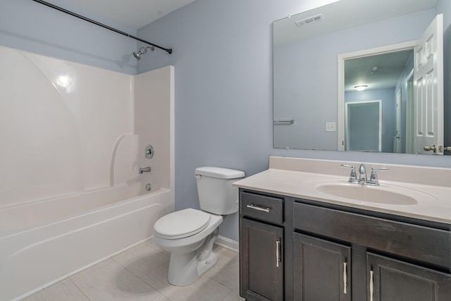 bathroom featuring visible vents, toilet, tile patterned floors, bathtub / shower combination, and vanity