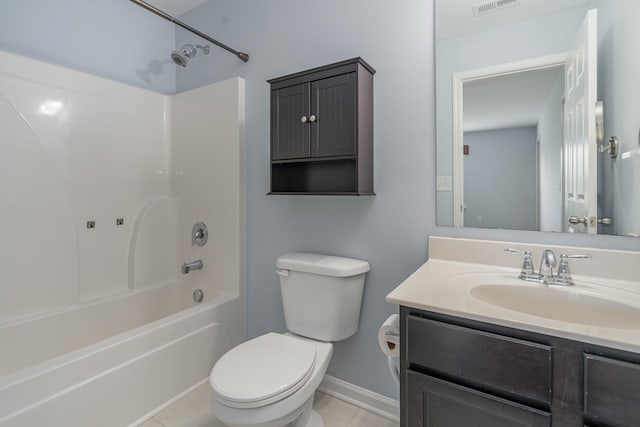 bathroom with visible vents, toilet, tub / shower combination, vanity, and tile patterned flooring