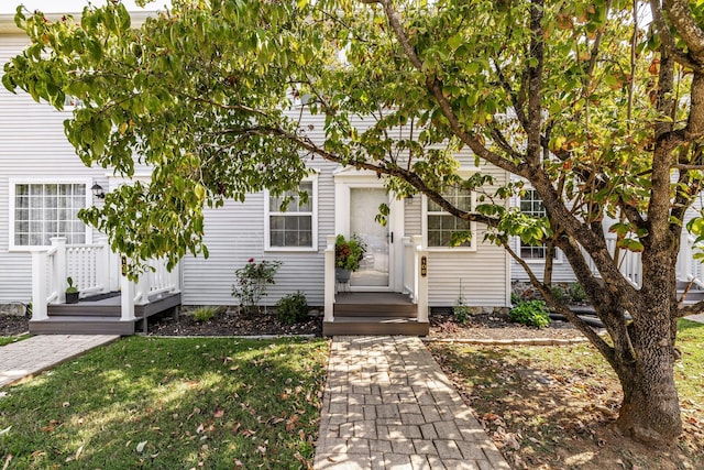 view of property hidden behind natural elements featuring a front lawn