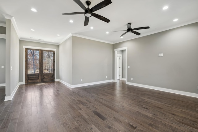 interior space with recessed lighting, dark wood-style flooring, baseboards, french doors, and crown molding