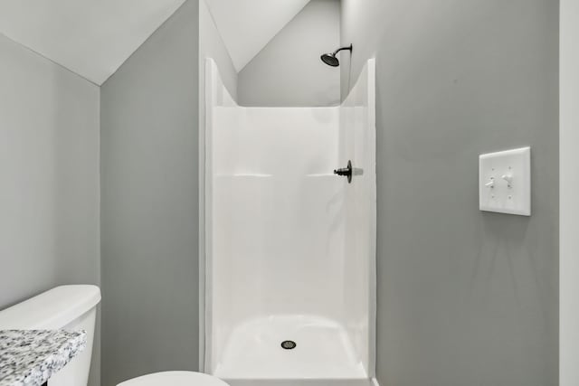 bathroom with vaulted ceiling, a shower stall, and toilet