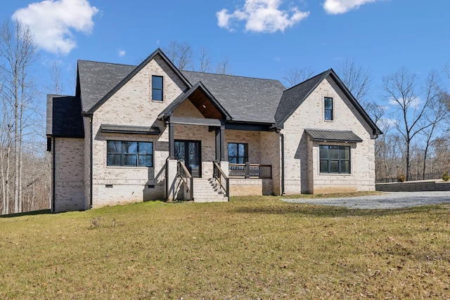 view of front of property featuring crawl space, a shingled roof, a front lawn, and brick siding