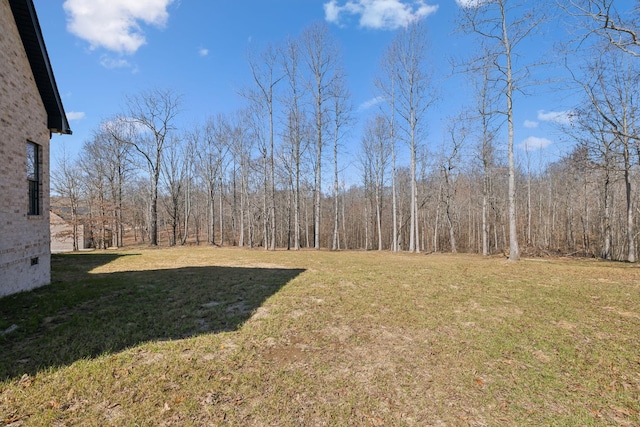 view of yard featuring a forest view