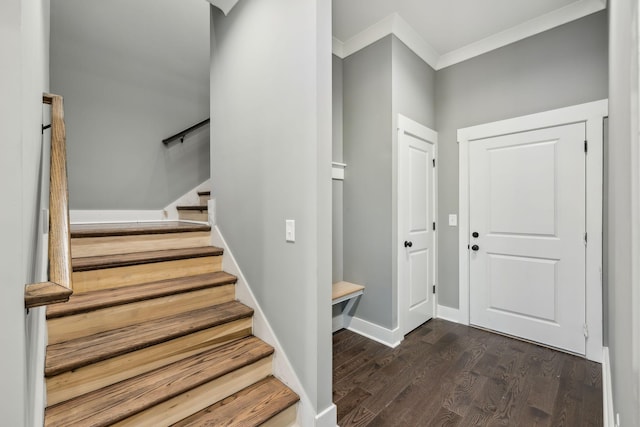 foyer featuring dark wood-type flooring, crown molding, baseboards, and stairs