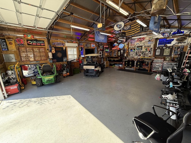 garage with a workshop area