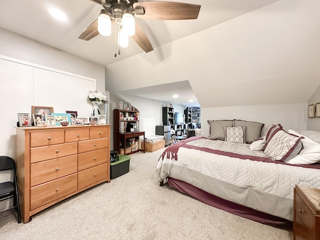 bedroom featuring vaulted ceiling, ceiling fan, carpet, and recessed lighting