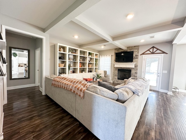 living room with coffered ceiling, a fireplace, baseboards, beam ceiling, and dark wood finished floors