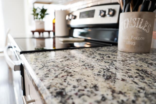 interior details with stone counters and stainless steel electric range