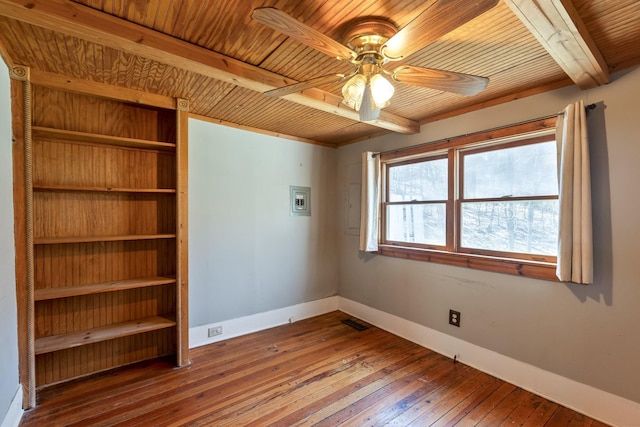 empty room featuring wood ceiling, beam ceiling, hardwood / wood-style flooring, and baseboards