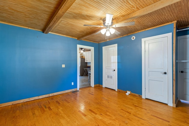 unfurnished bedroom with beam ceiling, ceiling fan, light wood-type flooring, wooden ceiling, and baseboards