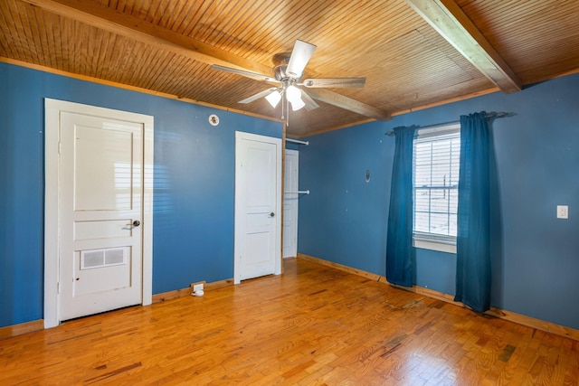 unfurnished bedroom featuring beamed ceiling, wood finished floors, wood ceiling, and baseboards