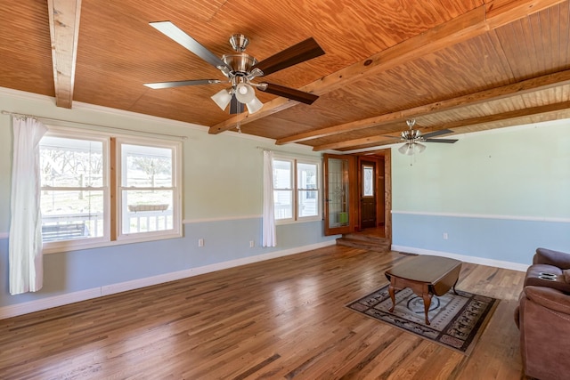 unfurnished living room featuring wood ceiling, beamed ceiling, and wood finished floors