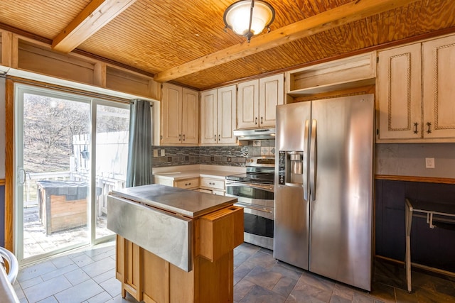 kitchen featuring under cabinet range hood, stainless steel appliances, a kitchen island, beam ceiling, and tasteful backsplash