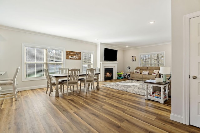 dining room with a warm lit fireplace, baseboards, wood finished floors, and ornamental molding