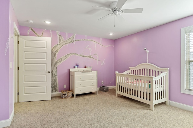 bedroom with a ceiling fan, carpet, baseboards, and recessed lighting