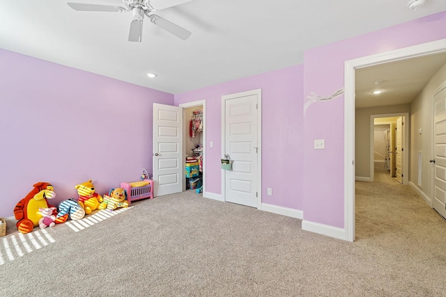 rec room featuring carpet floors, ceiling fan, baseboards, and recessed lighting