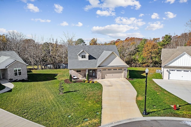 view of front of home featuring an attached garage, driveway, brick siding, and a front yard