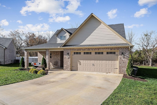 view of front of house with an attached garage, brick siding, driveway, roof with shingles, and a front lawn