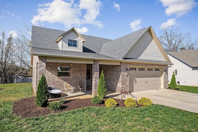 view of front of house with a garage, a shingled roof, concrete driveway, and brick siding