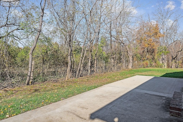 view of yard with a patio and a view of trees