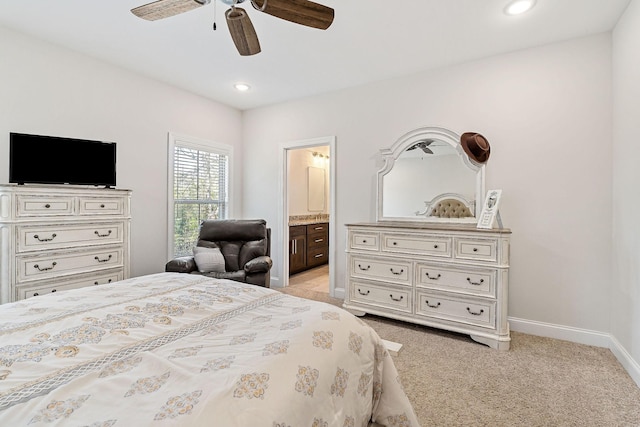 bedroom featuring light carpet, baseboards, connected bathroom, ceiling fan, and recessed lighting