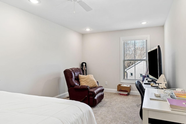 bedroom with carpet, ceiling fan, baseboards, and recessed lighting