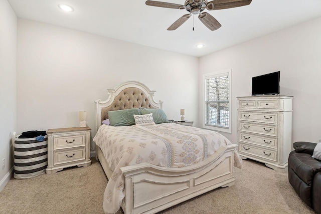 bedroom featuring recessed lighting, ceiling fan, and light colored carpet