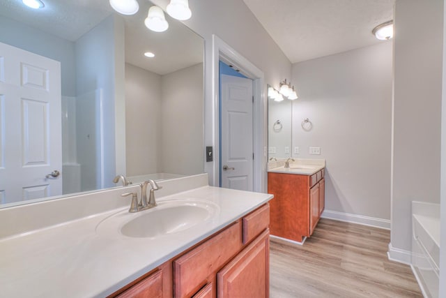 full bath with wood finished floors, two vanities, a sink, baseboards, and a bathtub