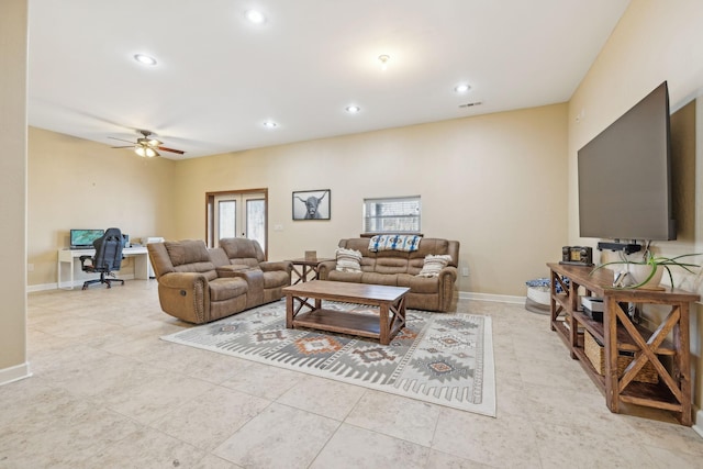 living area with recessed lighting, baseboards, visible vents, a ceiling fan, and light tile patterned flooring