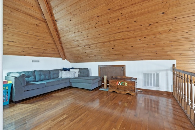 unfurnished living room featuring lofted ceiling with beams, wood-type flooring, wood ceiling, and visible vents