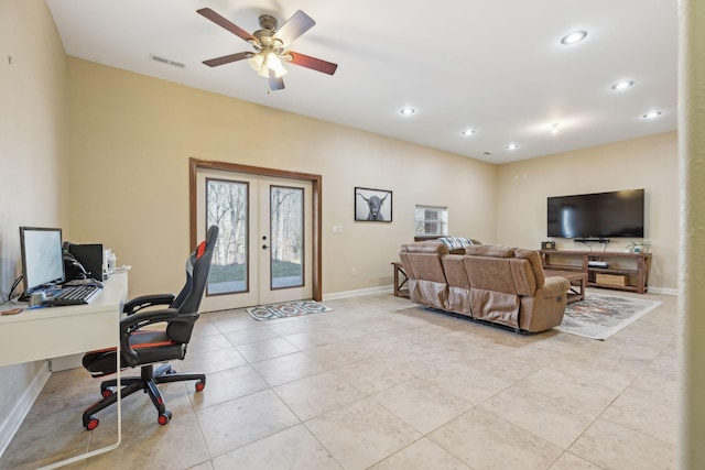 tiled home office featuring french doors, recessed lighting, a ceiling fan, and baseboards