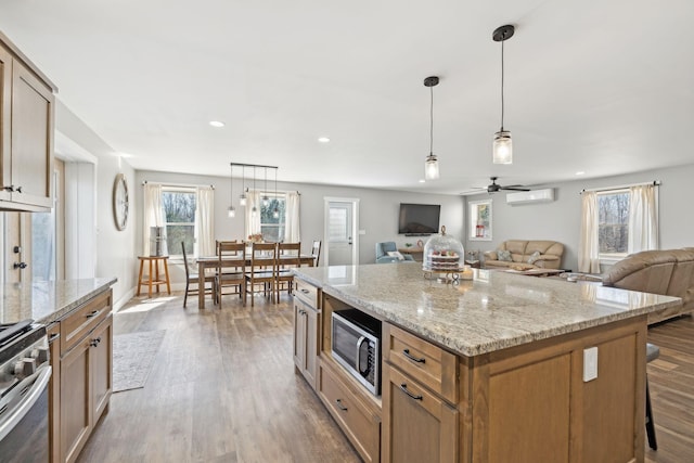 kitchen with wood finished floors, open floor plan, appliances with stainless steel finishes, a wealth of natural light, and a center island