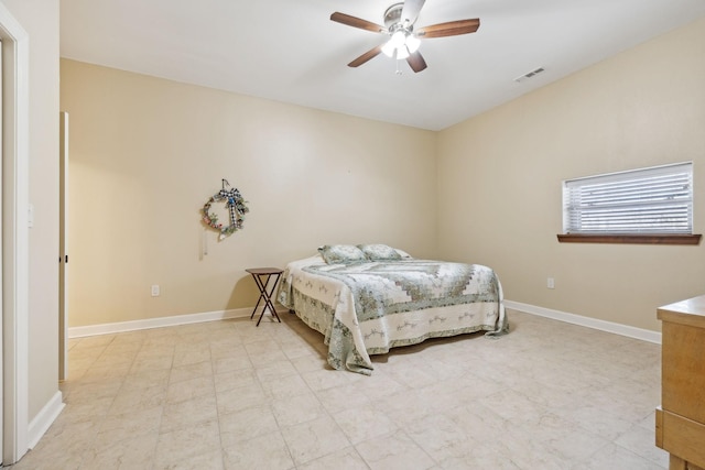 bedroom with light floors, baseboards, visible vents, and a ceiling fan