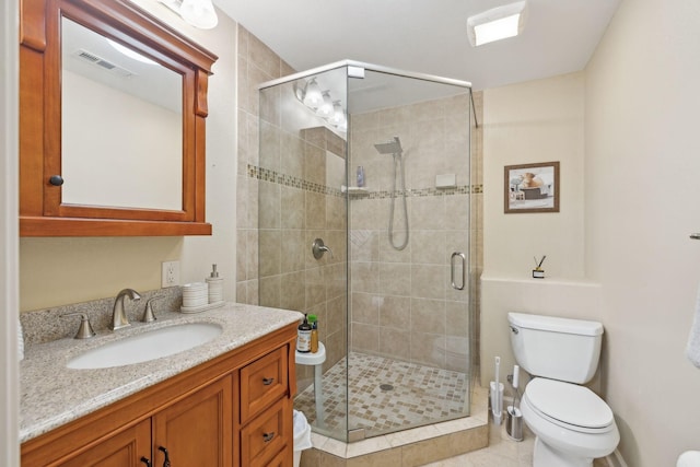 full bath featuring toilet, a stall shower, vanity, and visible vents