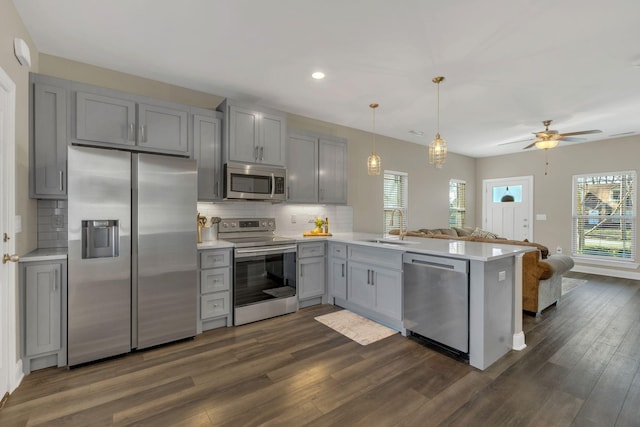 kitchen featuring stainless steel appliances, gray cabinetry, open floor plan, a sink, and a peninsula