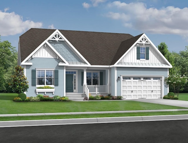 view of front of property featuring a porch, a shingled roof, driveway, board and batten siding, and a front yard