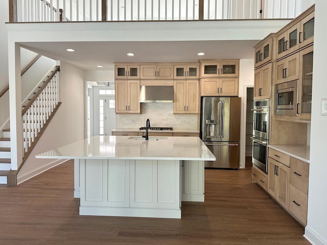 kitchen featuring under cabinet range hood, stainless steel appliances, dark wood-style flooring, and light countertops