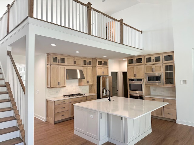 kitchen with light wood finished floors, light countertops, appliances with stainless steel finishes, a sink, and wall chimney range hood