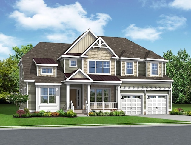 view of front of house featuring board and batten siding, an attached garage, driveway, and a front lawn