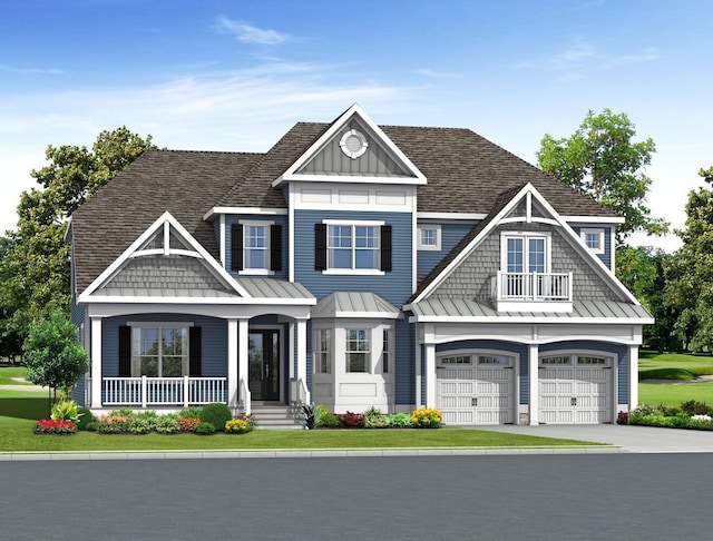 view of front of home featuring covered porch, concrete driveway, a standing seam roof, metal roof, and a garage