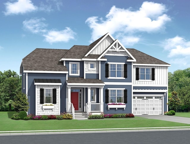 view of front of home with a garage, concrete driveway, roof with shingles, board and batten siding, and a front yard