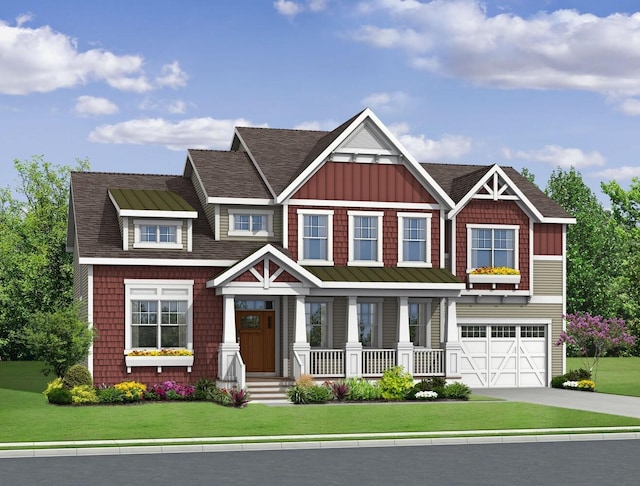 craftsman house with driveway, an attached garage, covered porch, board and batten siding, and a front yard