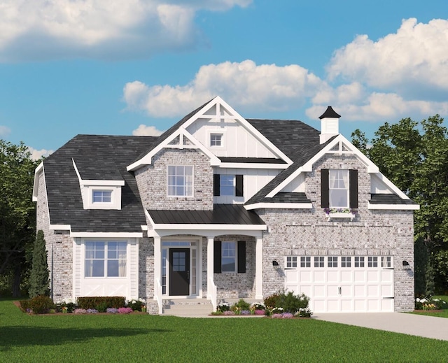 craftsman house with brick siding, concrete driveway, an attached garage, board and batten siding, and a front yard