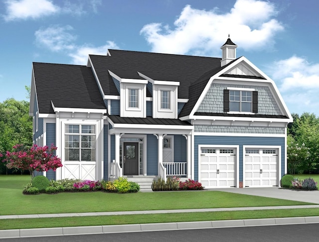 view of front of property featuring a garage, concrete driveway, a gambrel roof, a standing seam roof, and a front lawn