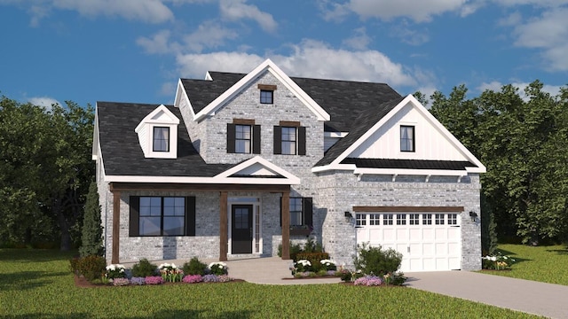 view of front of property featuring driveway, metal roof, an attached garage, a standing seam roof, and a front lawn